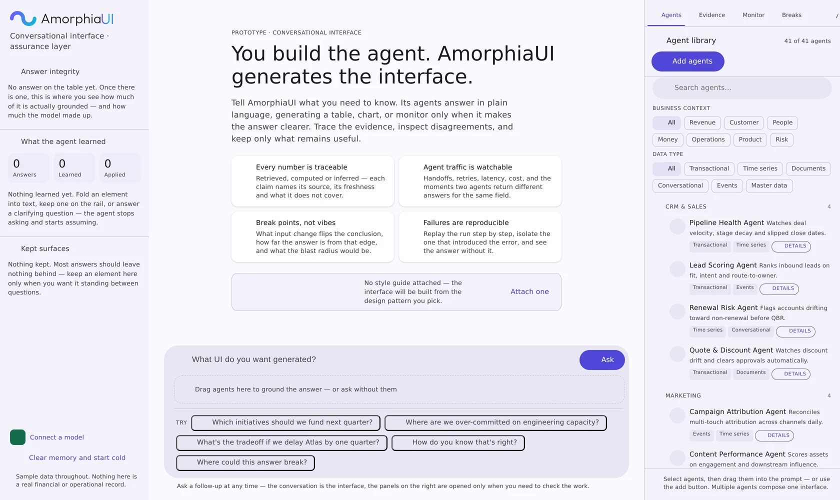 The AmorphiaUI landing state: answer-integrity rail on the left, an empty conversation canvas with suggested questions, and the agent library docked on the right.
